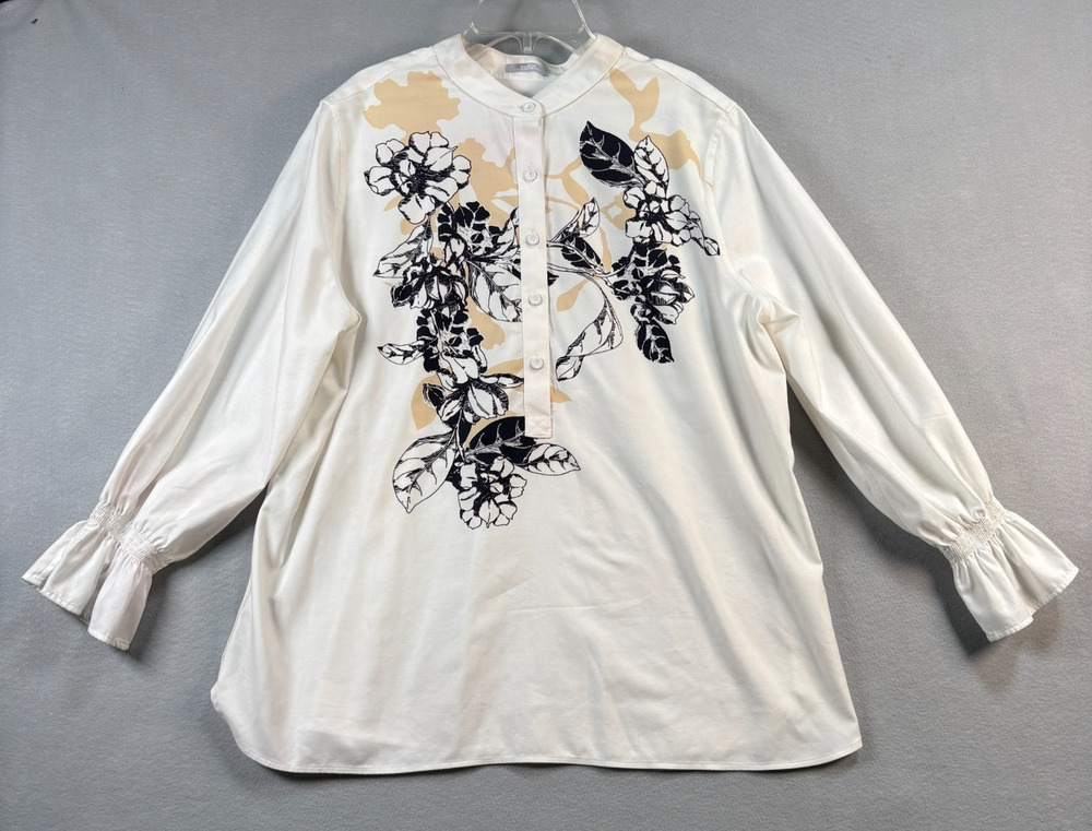 Chico's White Black Tan Floral Graphic Blouse Bell Sleeve Sz 12 (Chico's 2)
